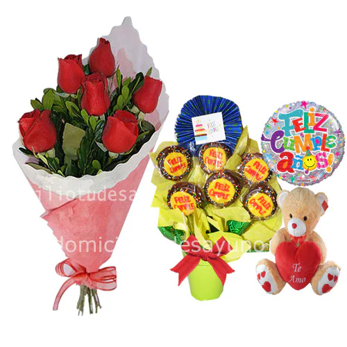 Ramo de rosas, alfajores feliz cumple.